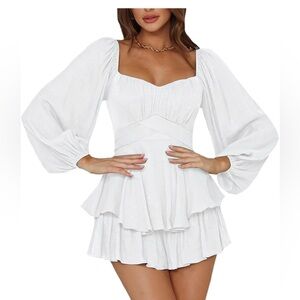 LYANER Womens Long Sleeve Ruffle Layer Tie Mini Short Romper White Size S (0646)